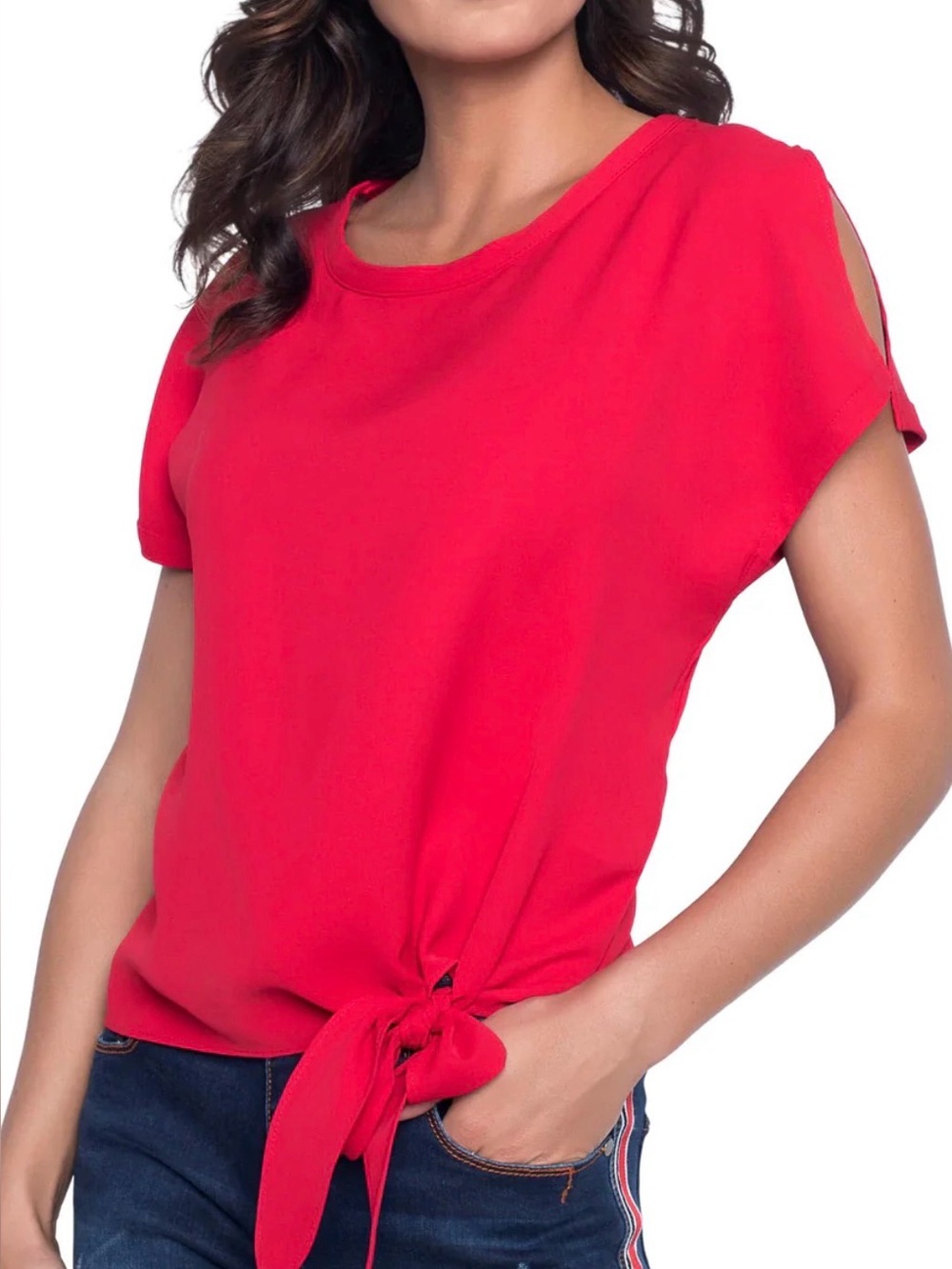 Frank Lyman Vibrant Coral/Red Tie-Hem Hip Length Open Cut Sleeve Blouse